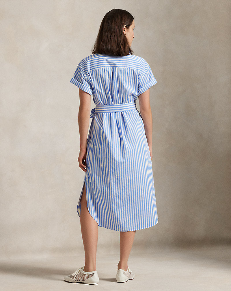 Belted Striped Cotton Shirtdress Blue/White Stripe