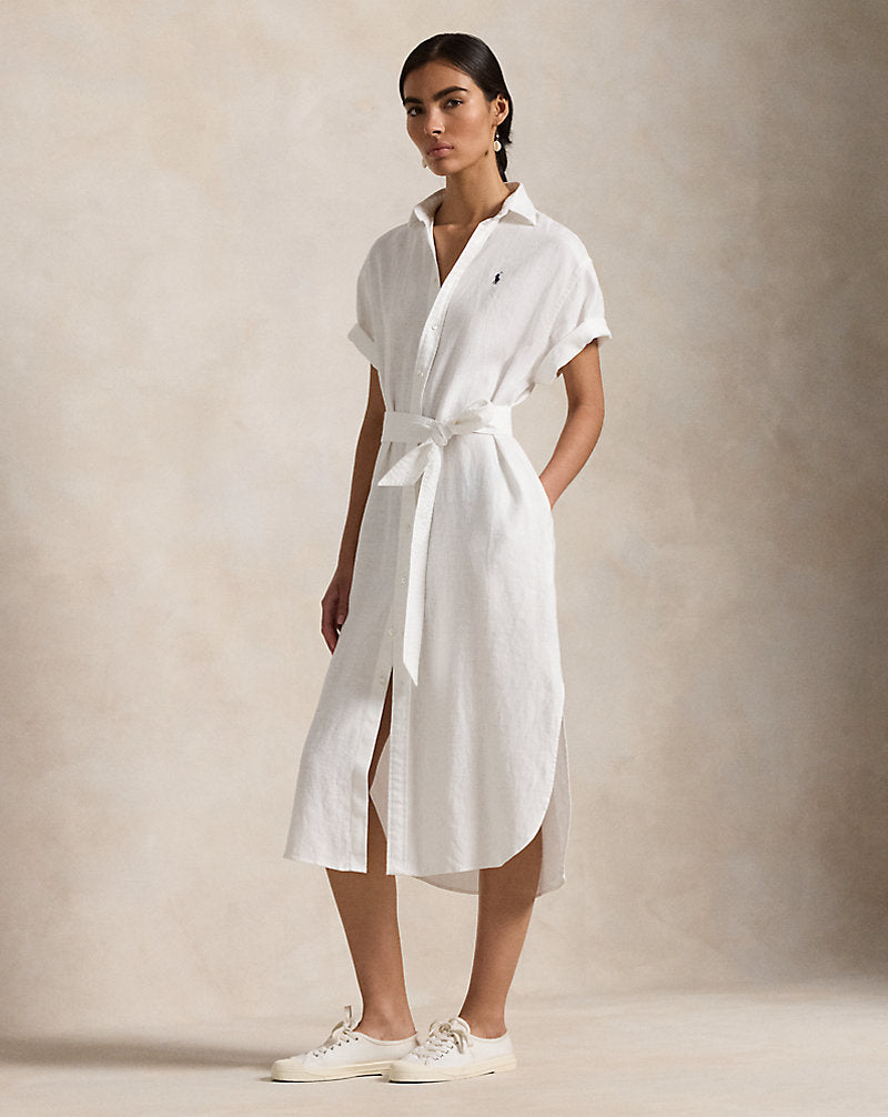 Linen Short-Sleeve Shirtdress White