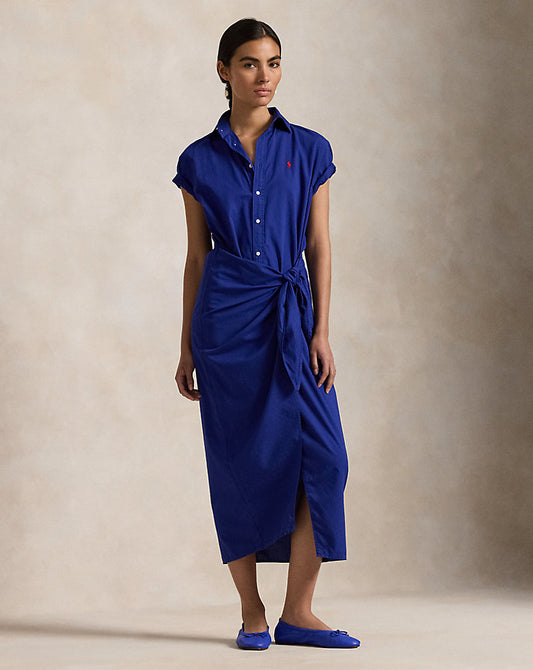 Cotton Twill Faux-Wrap Shirtdress Sports Royal