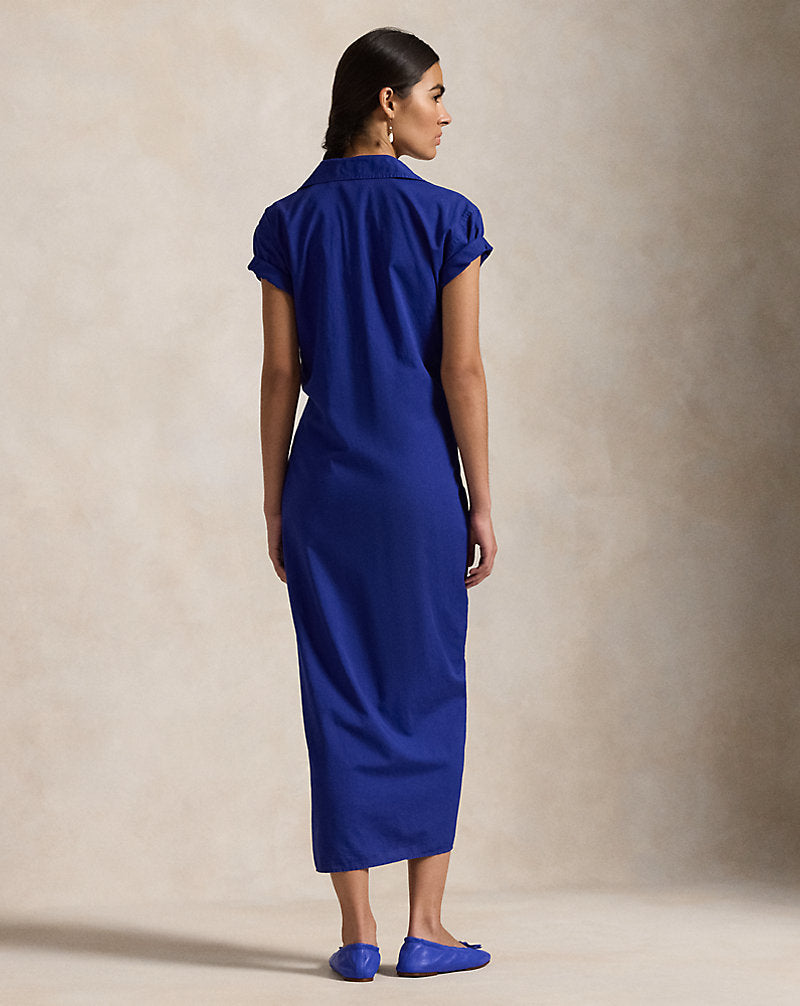 Cotton Twill Faux-Wrap Shirtdress Sports Royal