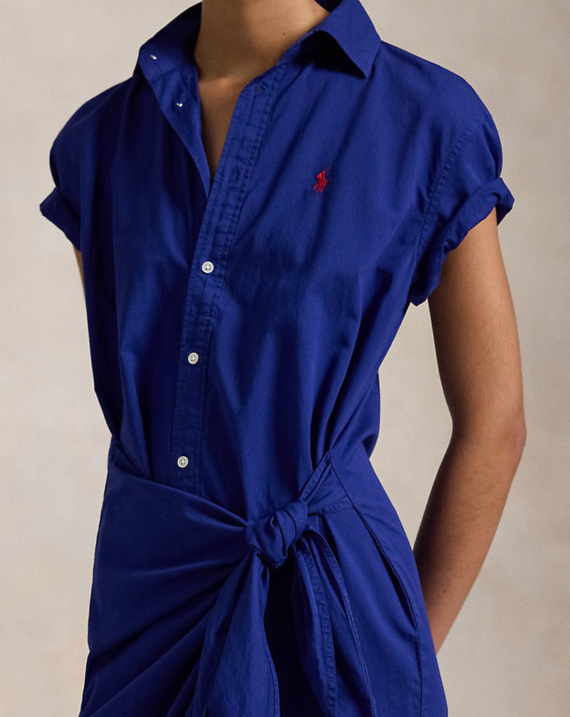 Cotton Twill Faux-Wrap Shirtdress Sports Royal