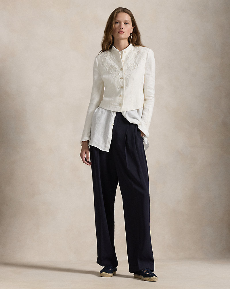 Floral-Embroidered Linen Jacket Cream