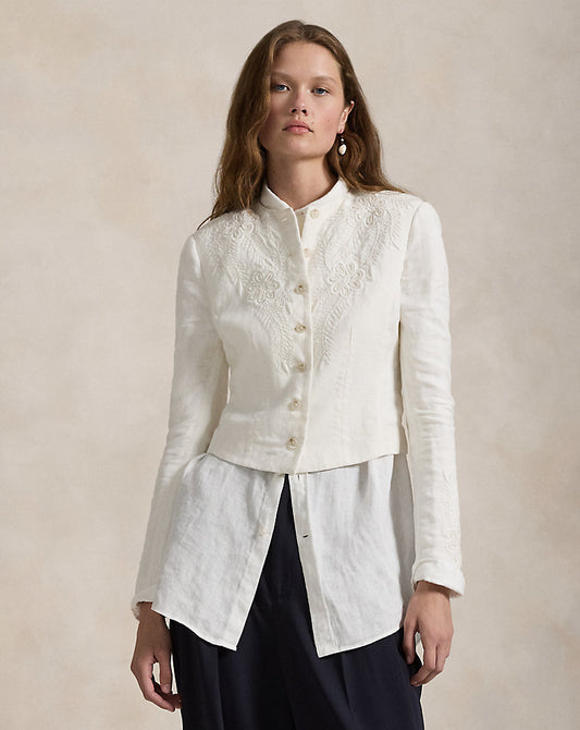 Floral-Embroidered Linen Jacket Cream