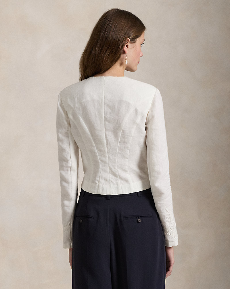 Floral-Embroidered Linen Jacket Cream