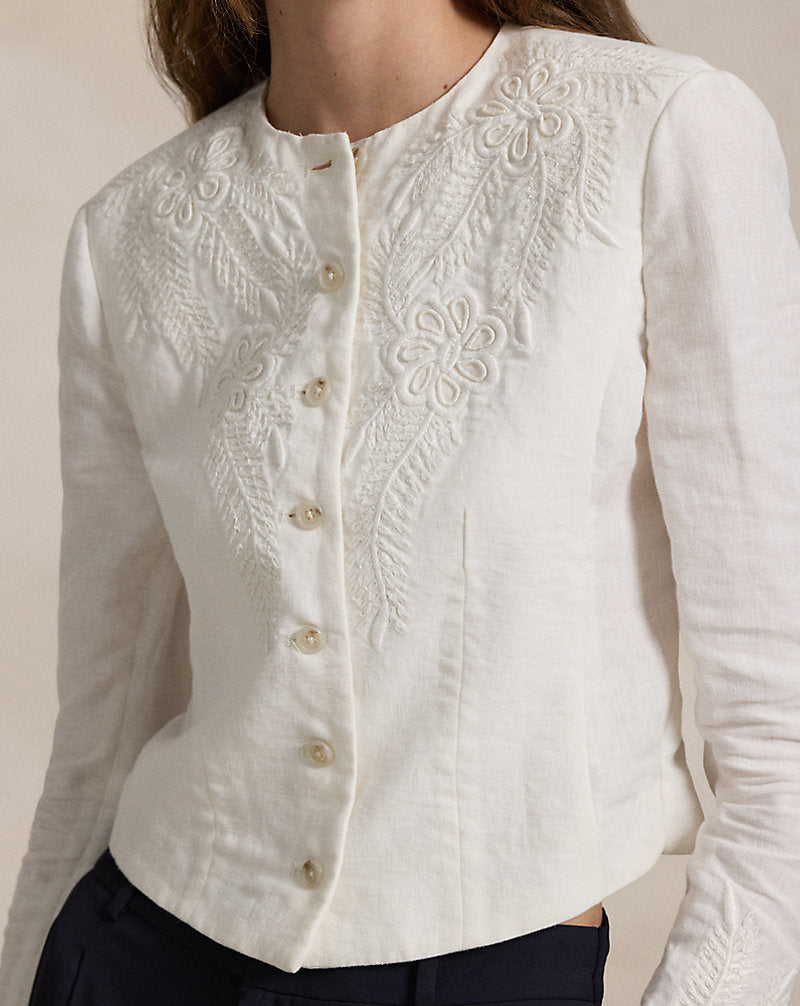 Floral-Embroidered Linen Jacket Cream