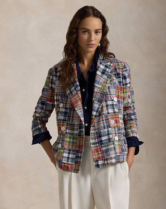 Plaid Cotton Double-Breasted Blazer Madras Multi