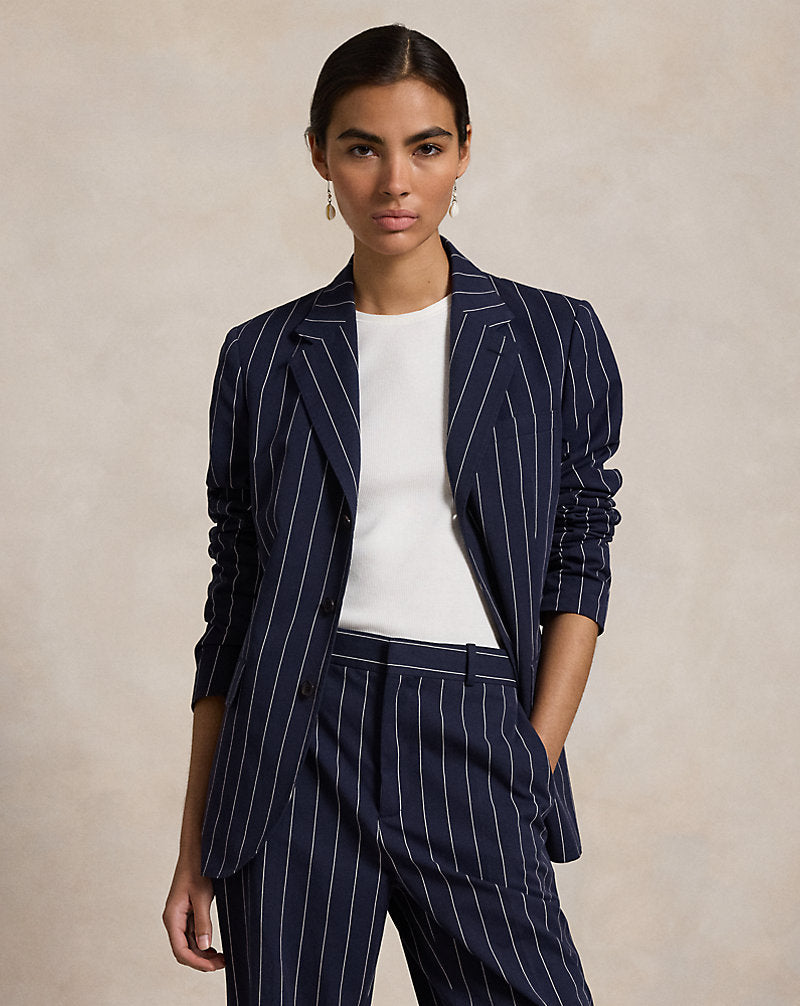 Pinstripe Cotton-Linen Blazer Navy/Cream