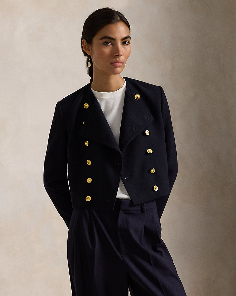 Wool Crepe Cropped Jacket Worth Navy