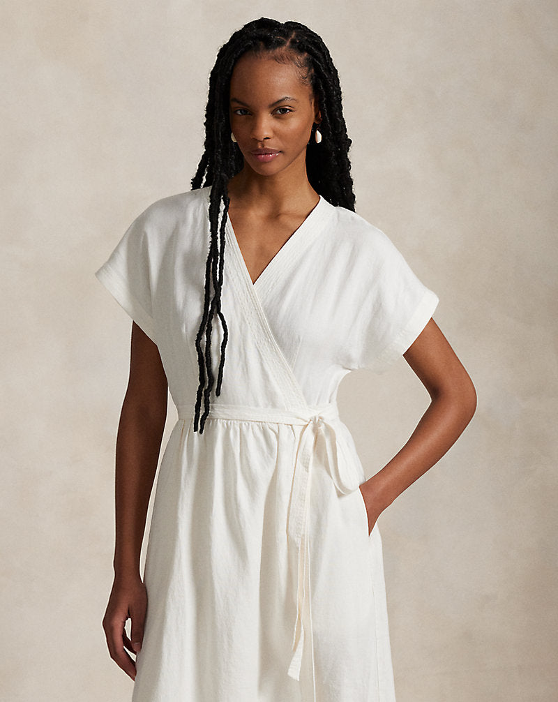 Hemp Short-Sleeve Wrap Dress Deckwash White