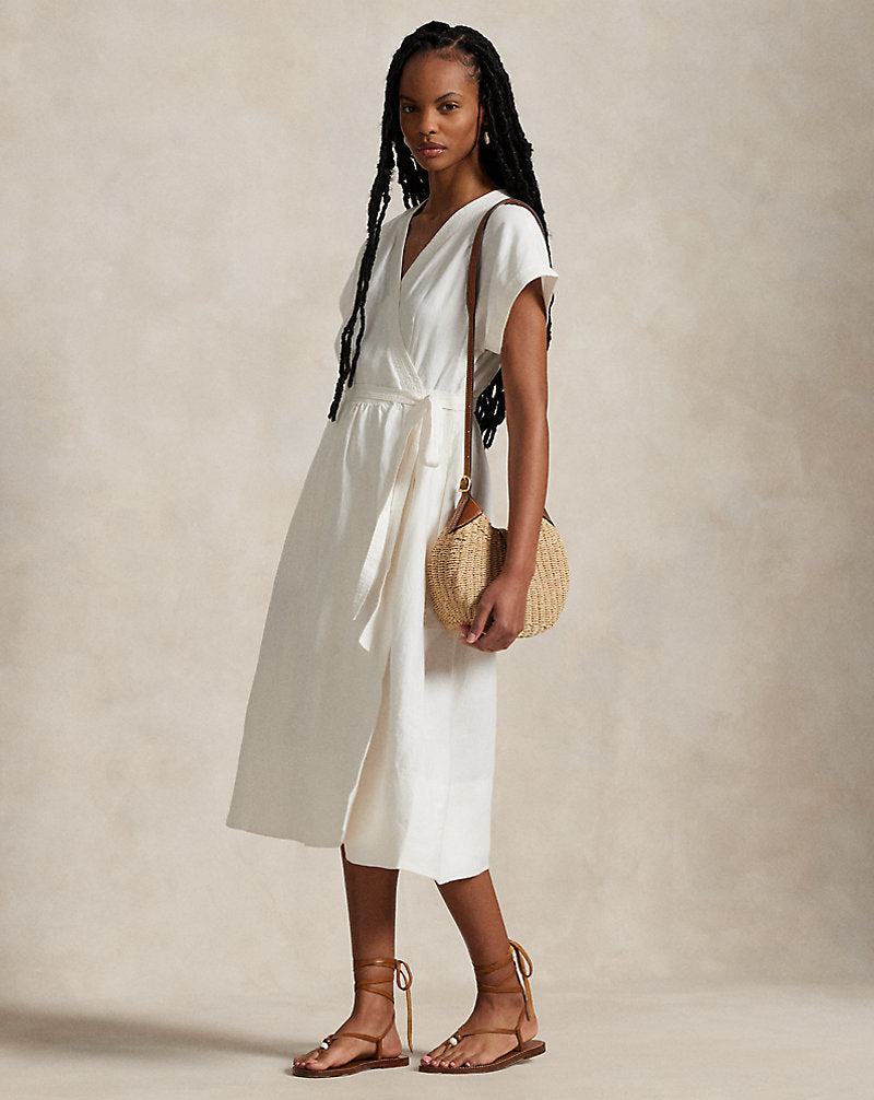 Hemp Short-Sleeve Wrap Dress Deckwash White