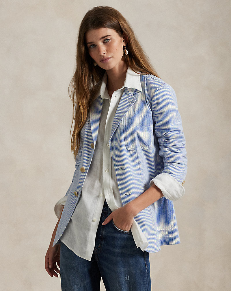 Striped Cotton Seersucker Blazer Bright Blue/White