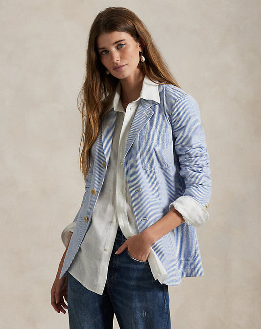 Striped Cotton Seersucker Blazer Bright Blue/White