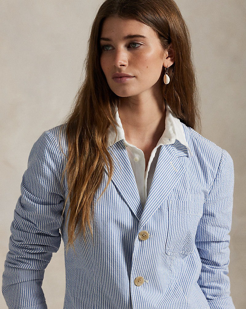 Striped Cotton Seersucker Blazer Bright Blue/White