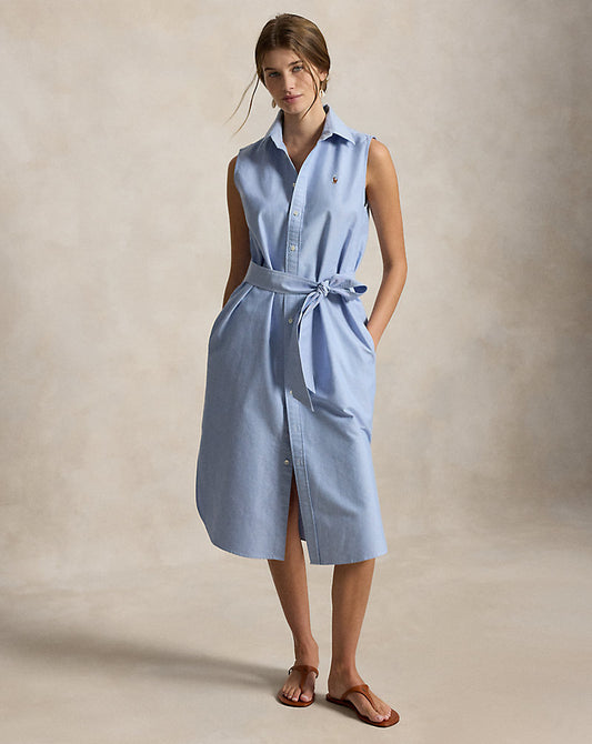 Belted Oxford Sleeveless Shirtdress Blue