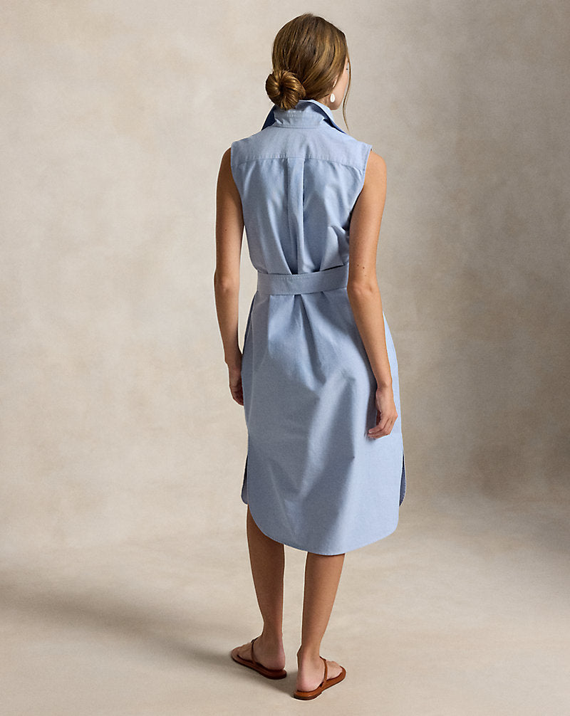 Belted Oxford Sleeveless Shirtdress Blue