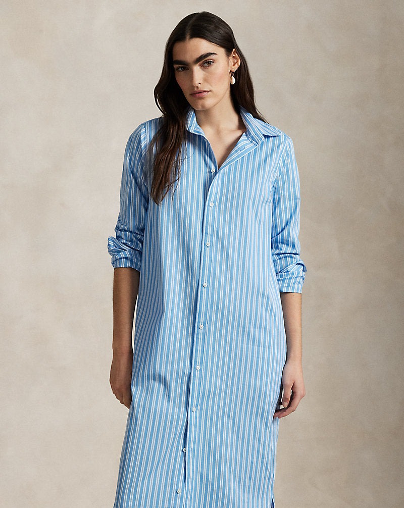 Striped Cotton Long Shirtdress Medium Blue/White