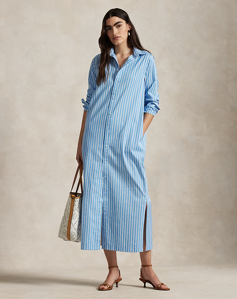 Striped Cotton Long Shirtdress Medium Blue/White