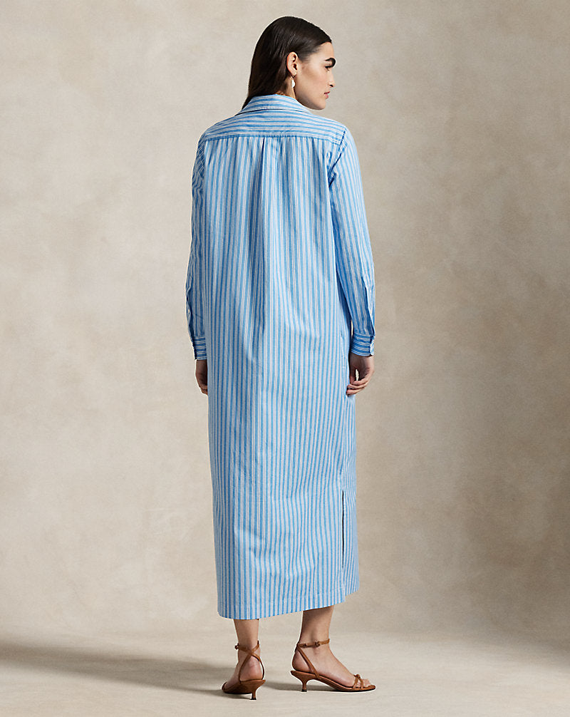 Striped Cotton Long Shirtdress Medium Blue/White
