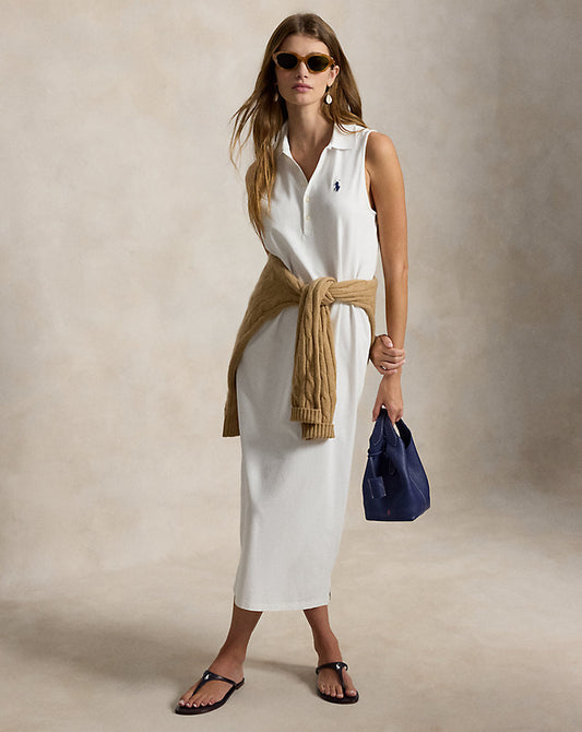 Stretch-Cotton Sleeveless Polo Dress White