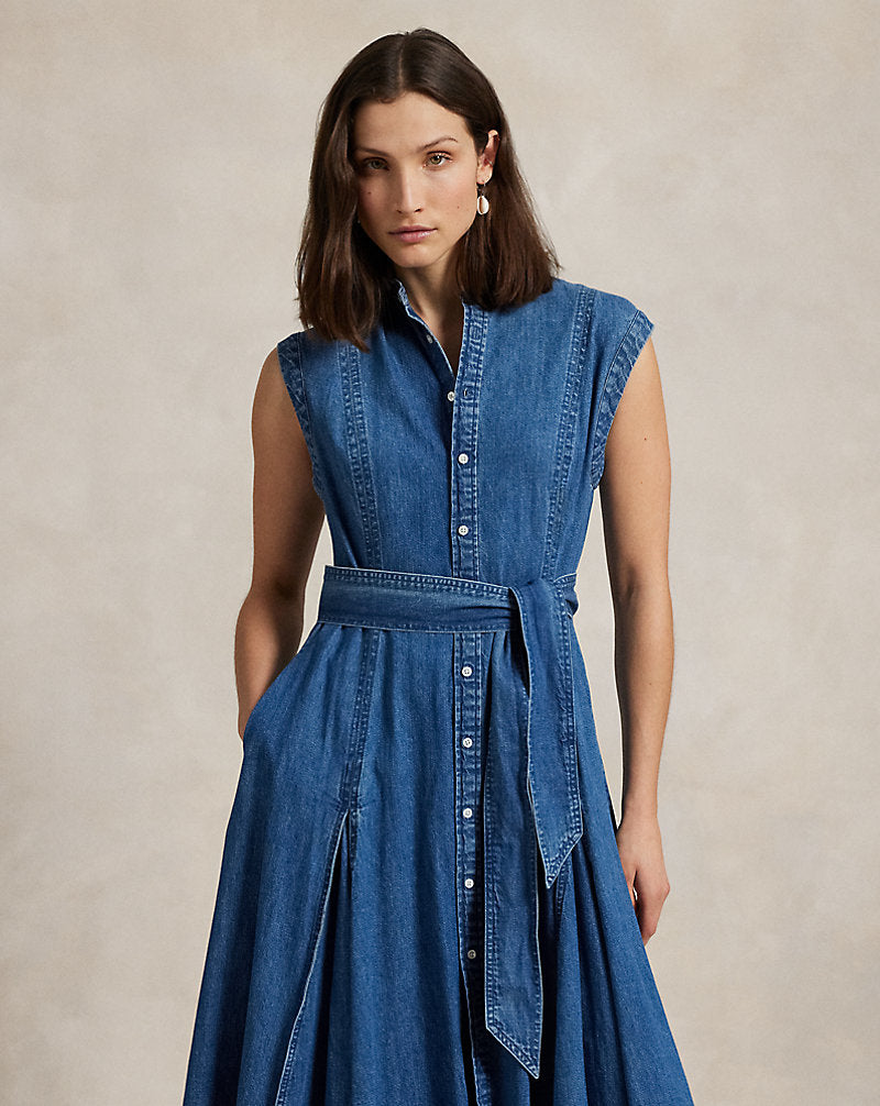 Belted Denim Sleeveless A-Line Dress Indigo