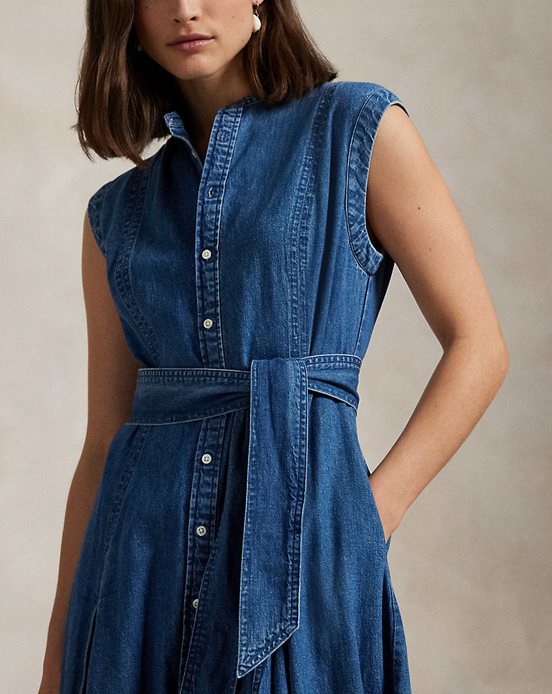 Belted Denim Sleeveless A-Line Dress Indigo
