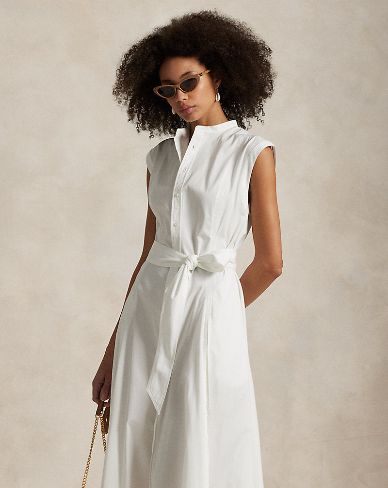 Belted Cotton Sleeveless A-Line Dress White