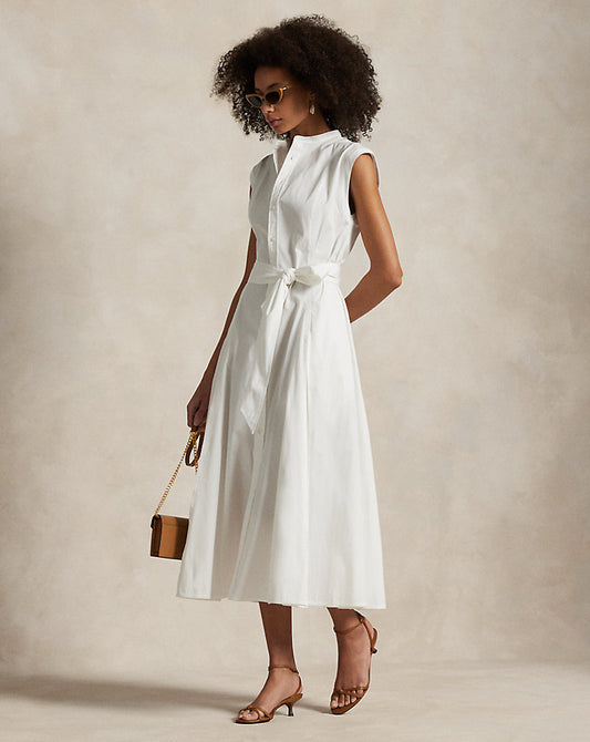 Belted Cotton Sleeveless A-Line Dress White