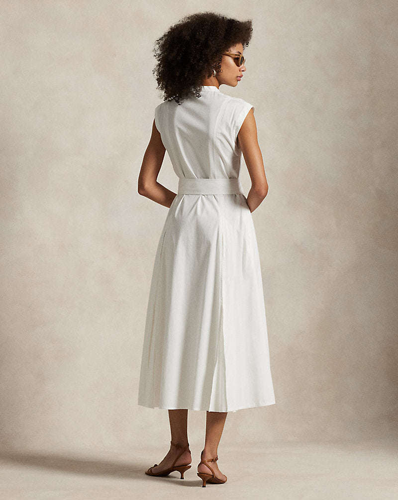 Belted Cotton Sleeveless A-Line Dress White