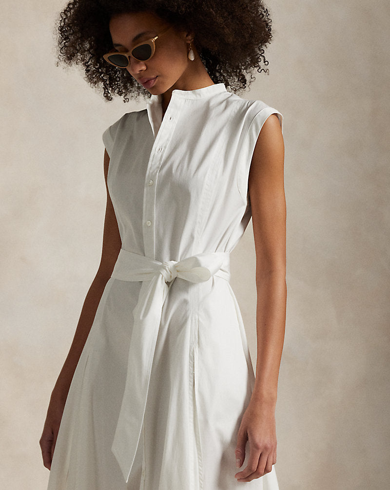 Belted Cotton Sleeveless A-Line Dress White
