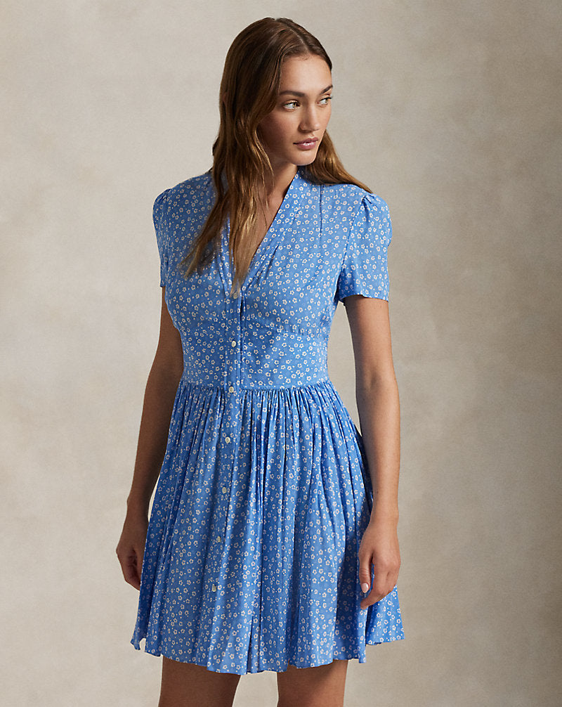 Floral Crepe Button-Front Dress Primrose Garden Blue