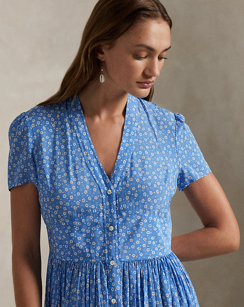 Floral Crepe Button-Front Dress Primrose Garden Blue