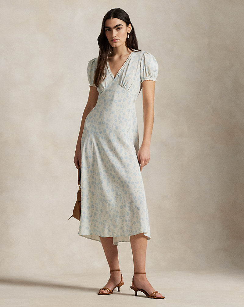 Floral Silk Crepe Dress Summer Daisy White Blue