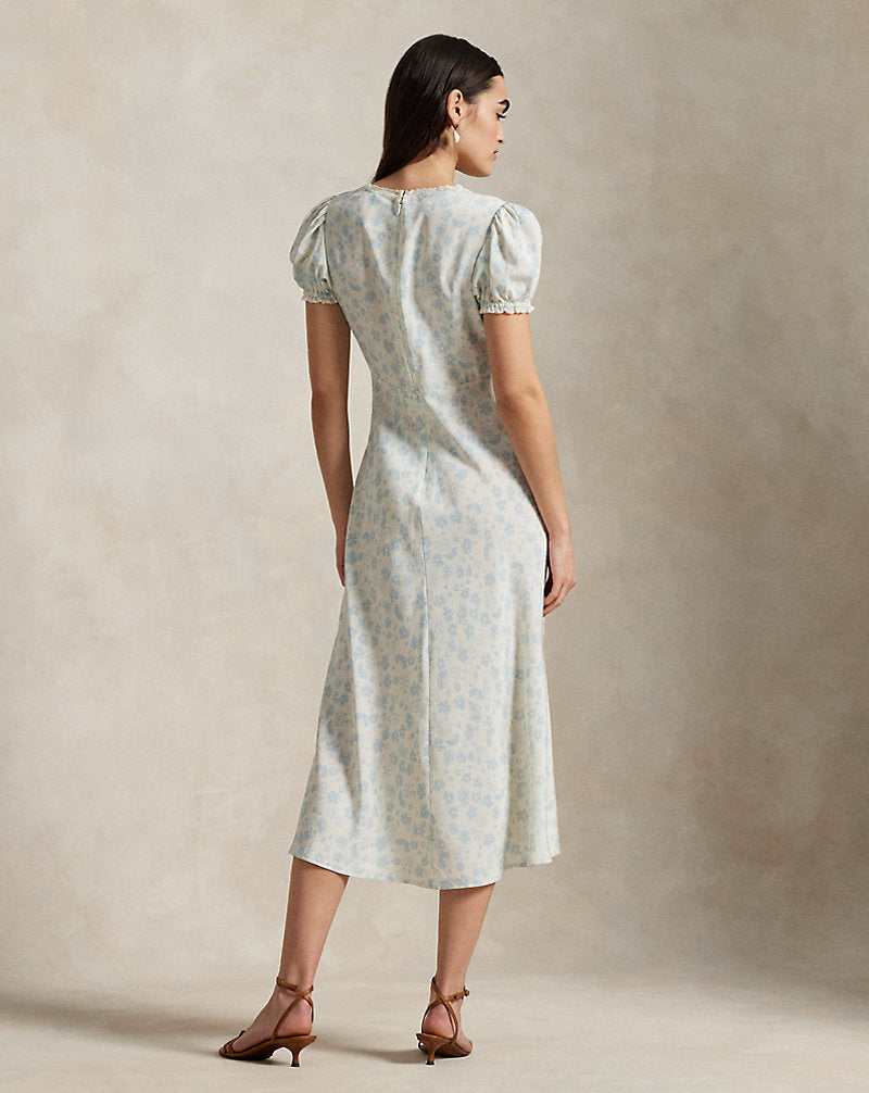 Floral Silk Crepe Dress Summer Daisy White Blue