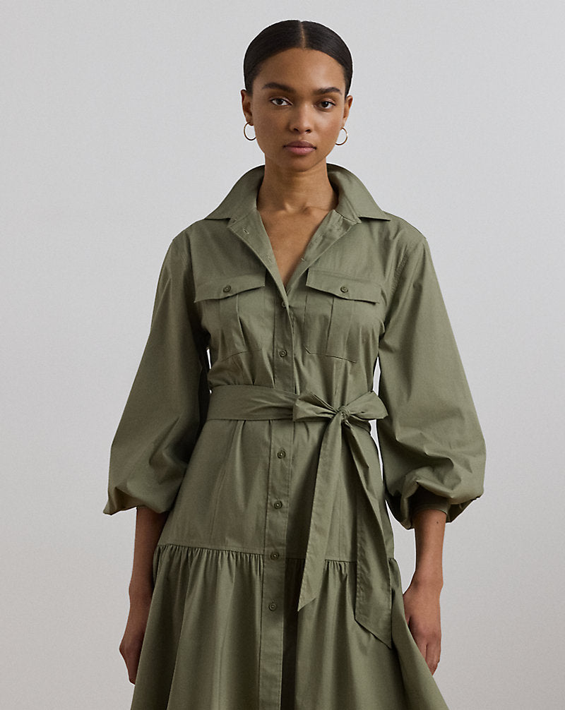 Belted Cotton-Blend Shirtdress Sage Green