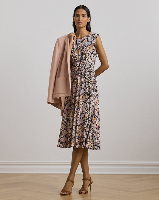 Floral Twist-Front Jersey Dress Brown Multi
