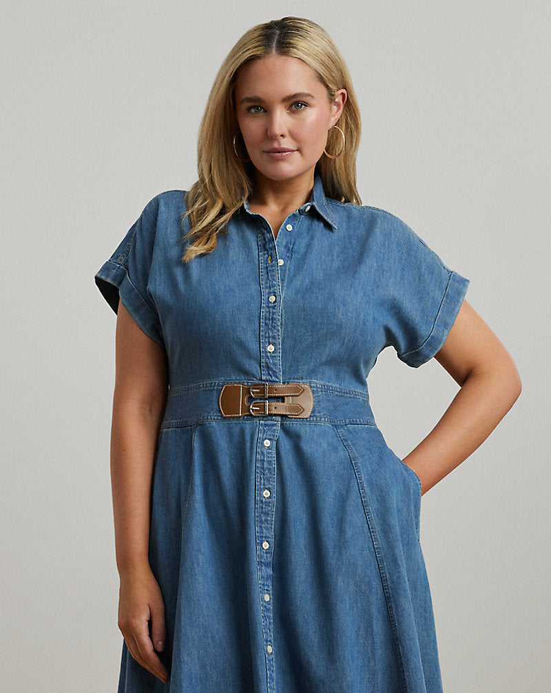 Buckle-Trim Denim Shirtdress Opal Wash