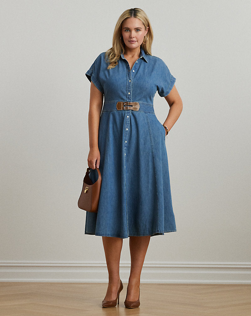 Buckle-Trim Denim Shirtdress Opal Wash