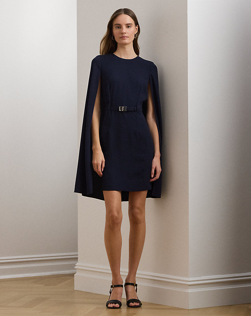 Belted Cape Georgette Cocktail Dress Lighthouse Navy