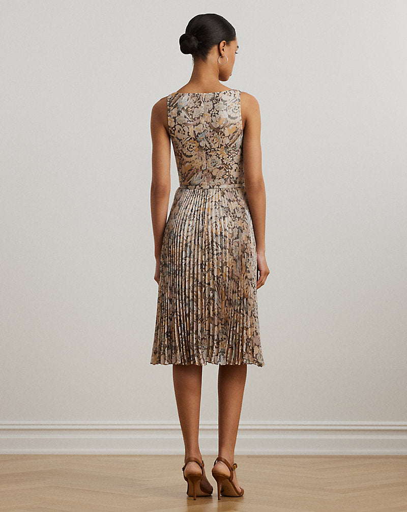 Floral Metallic Chiffon Cocktail Dress Brown Multi