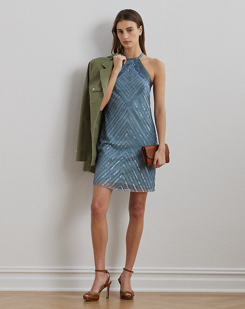 Beaded Mesh Halter Cocktail Dress Light Blue Multi