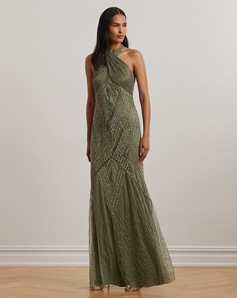 Beaded Mesh Sleeveless Halter Gowni Olive Multi