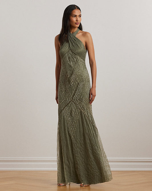 Beaded Mesh Sleeveless Halter Gowni Olive Multi