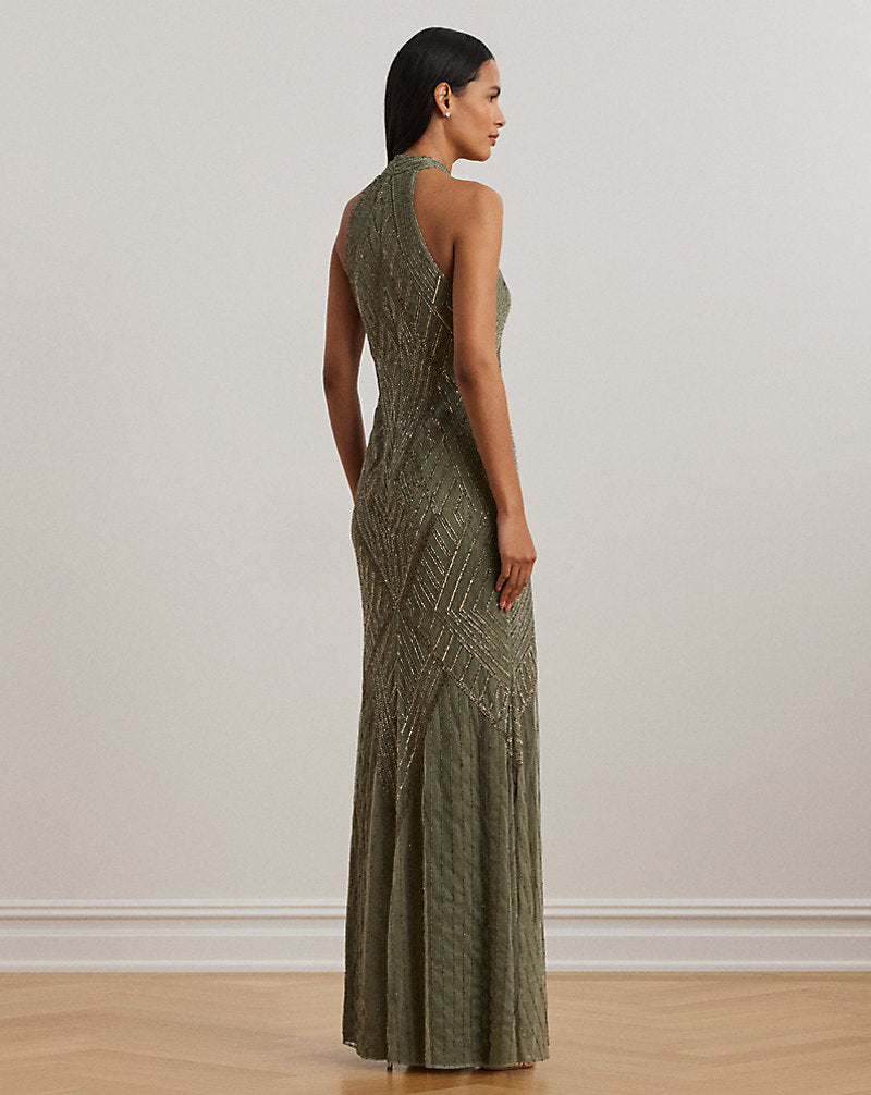 Beaded Mesh Sleeveless Halter Gowni Olive Multi