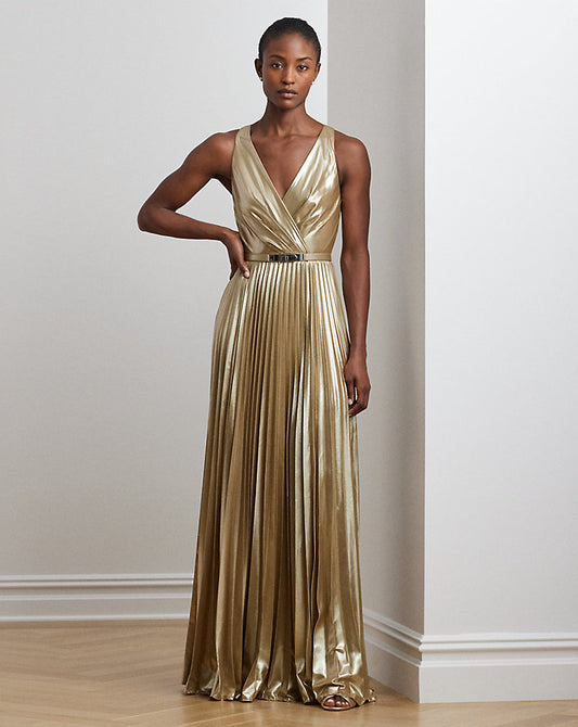 Belted Metallic Chiffon Surplice Gown Tan/Light Gold Foil