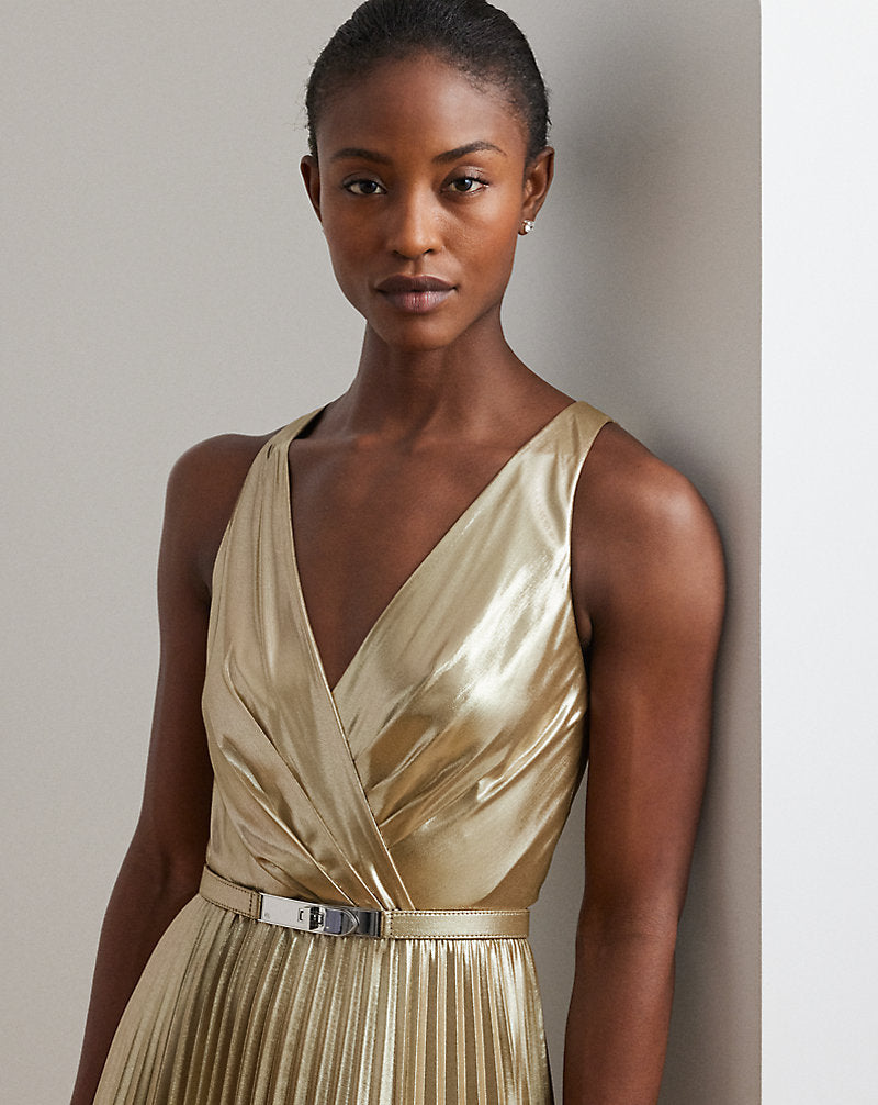 Belted Metallic Chiffon Surplice Gown Tan/Light Gold Foil