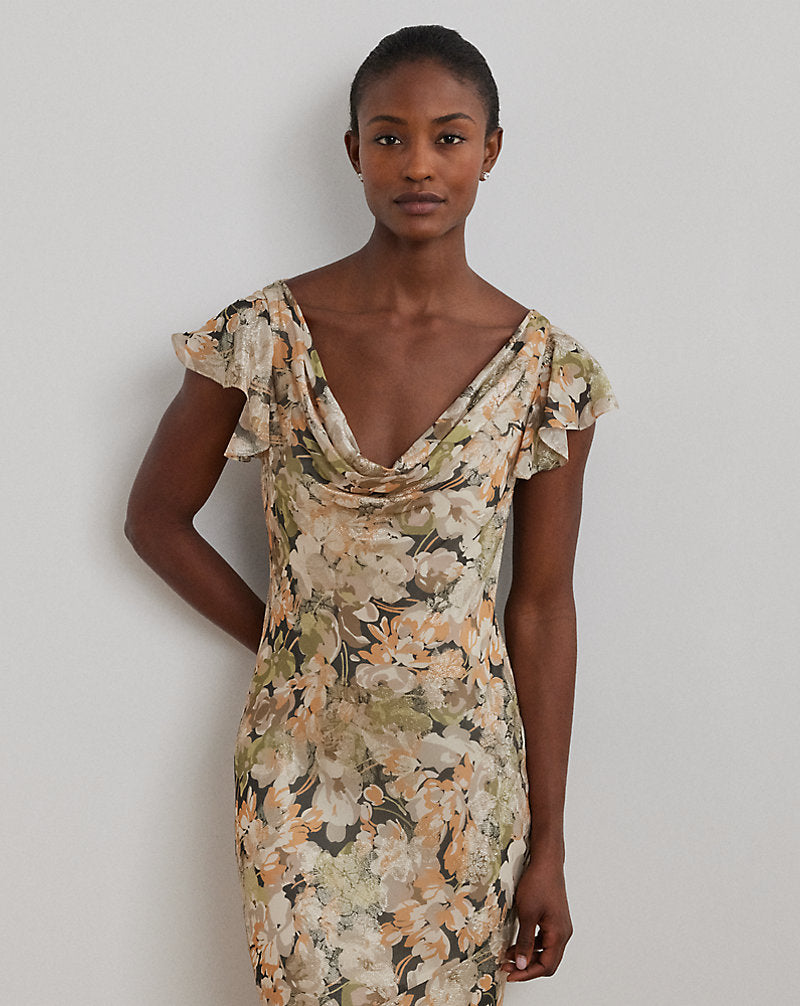 Floral Metallic Jacquard Cowlneck Gown Green Multi