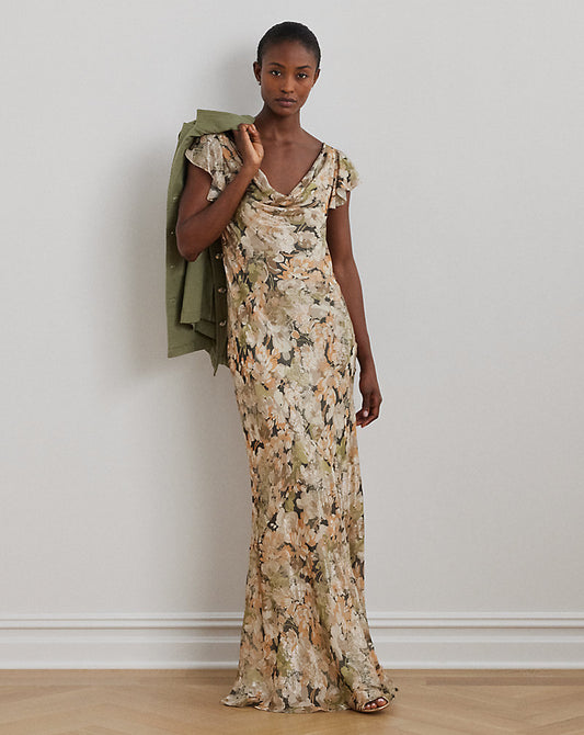 Floral Metallic Jacquard Cowlneck Gown Green Multi