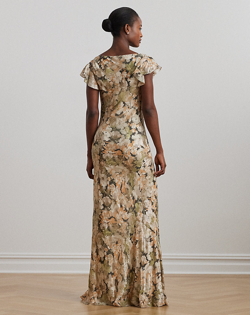 Floral Metallic Jacquard Cowlneck Gown Green Multi