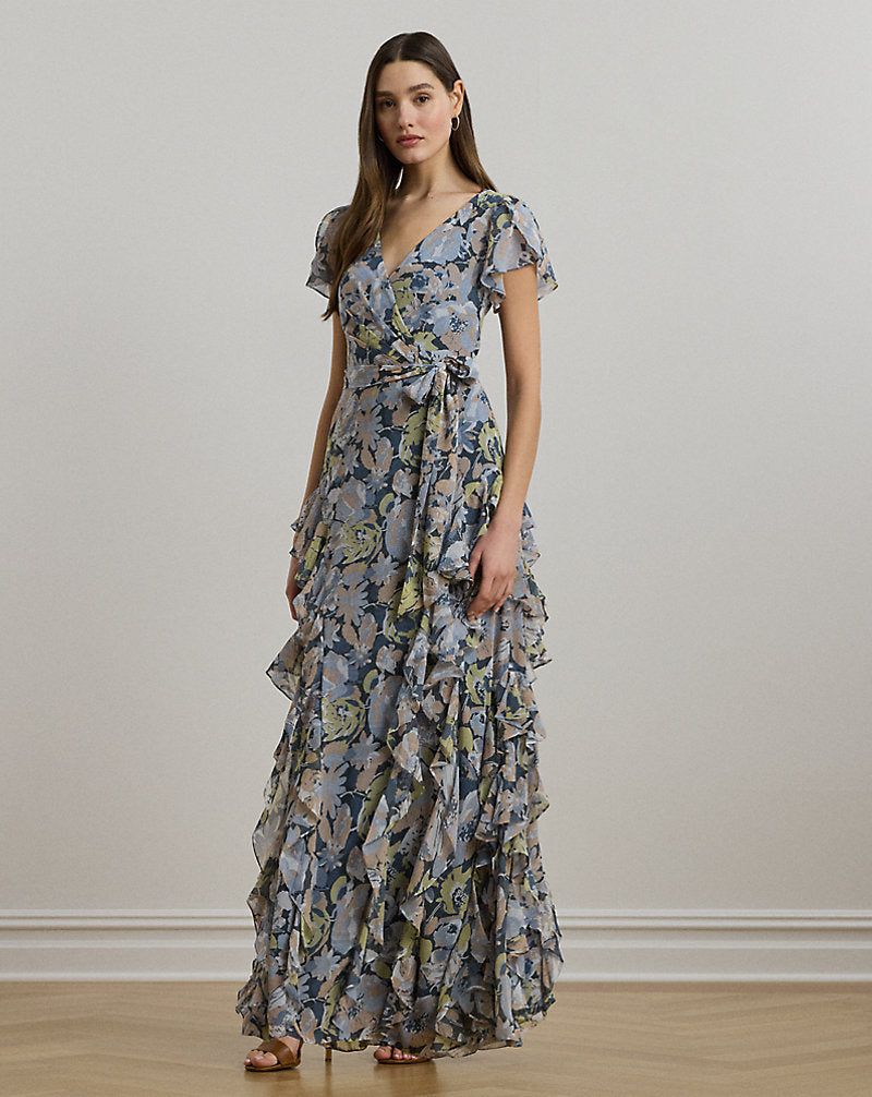 Floral Ruffle-Trim Georgette Gown Blue Multi