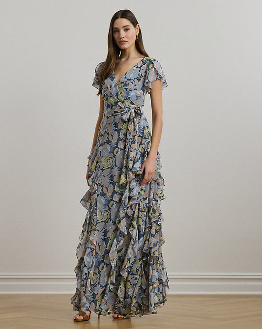 Floral Ruffle-Trim Georgette Gown Blue Multi